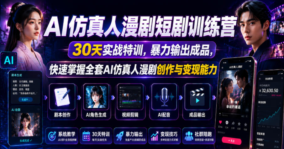 AI仿真人漫剧短剧训练营,30天实战特训,暴力输出成品,快速掌握全套AI仿真人漫剧创作与变现能力 20260608130025-6a26bce923ff8.jpg