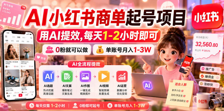 AI小红书商单起号项目,用AI提效,每天1-2小时即可,0粉就可以做,单账号月入1-3W 20260610130316-6a296094b681b.jpg