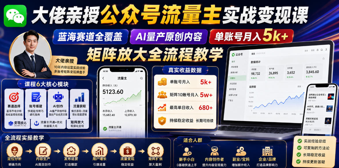 大佬亲授公众号流量主实战变现课,蓝海赛道全覆盖,AI量产原创内容,单账号月入5k+矩阵放大全流程教学 20260612110043-6a2be6dba85b6.jpg