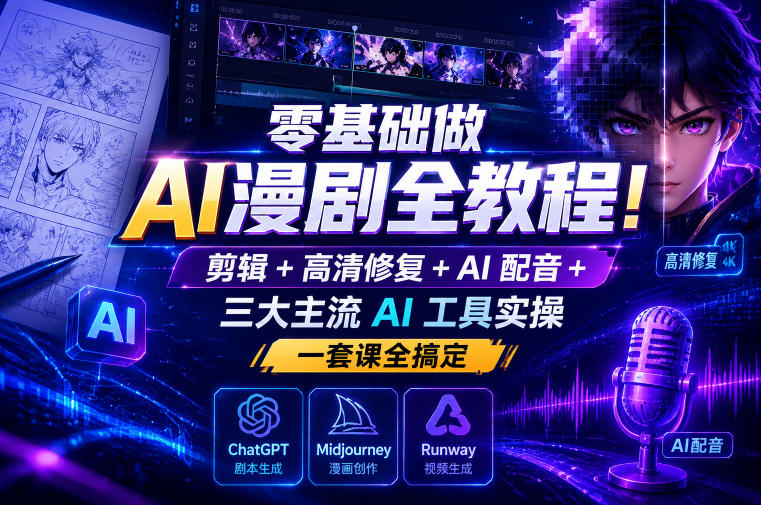 零基础做AI漫剧全教程!剪辑+高清修复+AI配音+三大主流AI工具实操,一套课全搞定 20260613030053-6a2cc7e5d869b.jpg