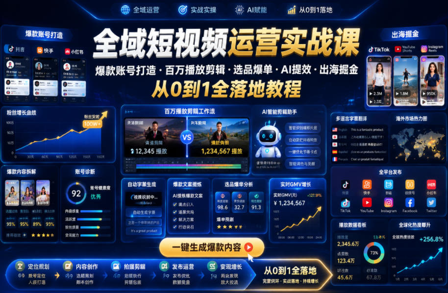 全域短视频运营实战课,爆款账号打造・百万播放剪辑・选品爆单・AI提效・出海掘金,从0到1全落地教程 20260614030042-6a2e195aac108.jpg