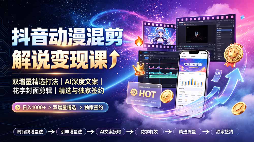 (19311期)抖音动漫混剪解说变现课:双增量精选打法|AI深度文案|花字封面剪辑| 精选与独家签约日入1000+ 20260712070108-6a533bb470283.jpg