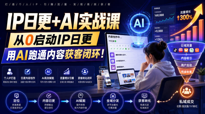 IP日更+AI实战课,从0启动IP日更,IP置顶视频制作+100条选题库搭建+10条日更规划,用AI跑通内容获客闭环! 20260715050144-6a5714382884e.jpg