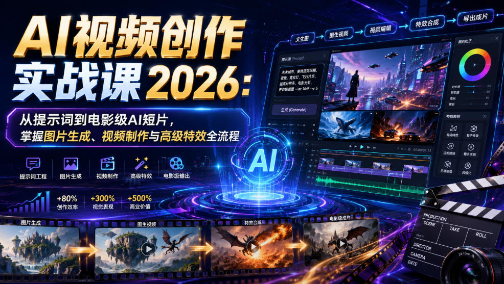 AI视频创作实战课2026:从提示词到电影级AI短片,掌握图片生成、视频制作与高级特效全流程 20260716030058-6a58496a582be.jpg
