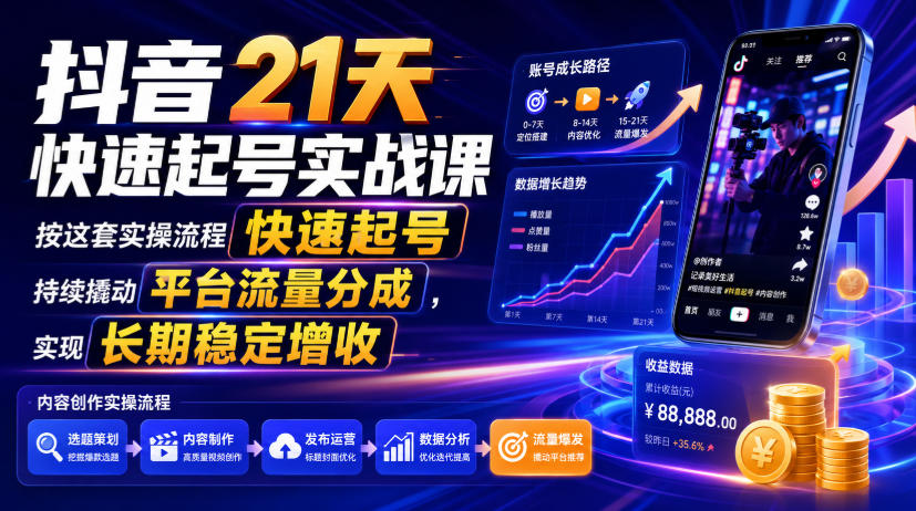 抖音21天快速起号实战课,按这套实操流程快速起号,持续撬动平台流量分成,实现长期稳定增收 20260719050126-6a5c5a260cc92.jpg