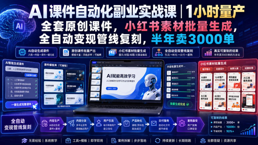 AI课件自动化副业实战课|1小时量产全套原创课件,小红书素材批量生成,全自动变现管线复刻,半年卖3000单 20260723150223-6a622cff89c0c.jpg