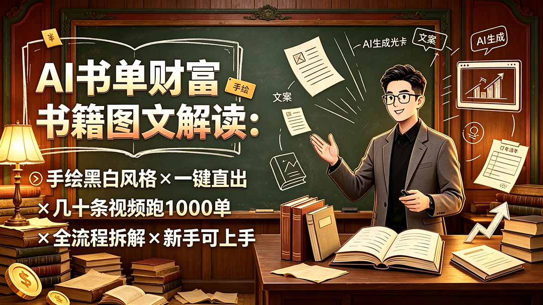 (19515期)AI书单财富书籍图文解读:手绘黑白风格×一键直出×几十条视频跑1000单×全流程拆解×新手可上手 20260724050046-6a62f17e09bc1.jpg