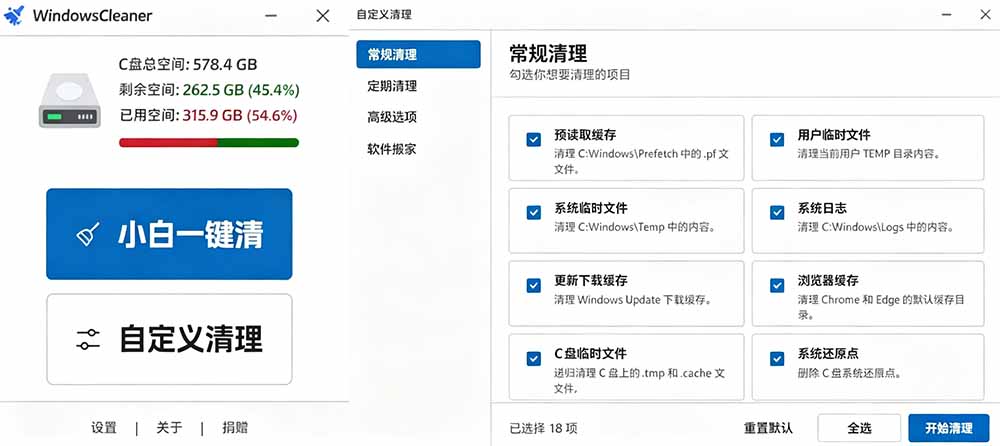 (19528期)Github收获 4K stars!免费C盘清理神器,轻松腾出几十G空间,支持C盘迁移 Windows Cleaner 20260724230914-6a63f09a35621.jpg