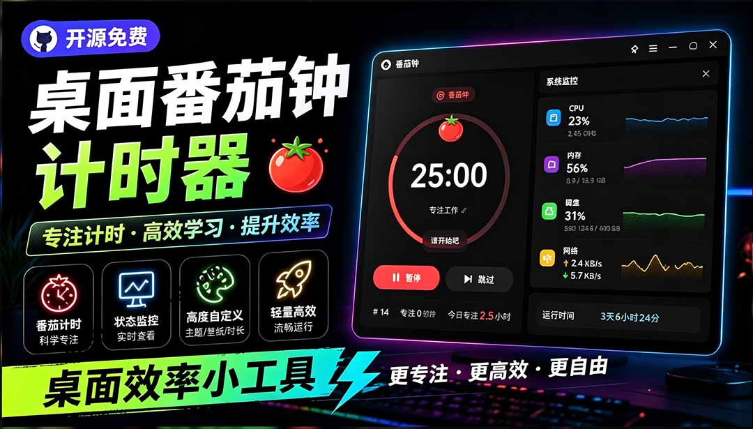 (19564期)仅1.16MB,开源极简的桌面时钟、番茄钟计时器,还支持系统监控显示,桌面效率小工具 Catime 20260727050112-6a66e618eb2d6.jpg