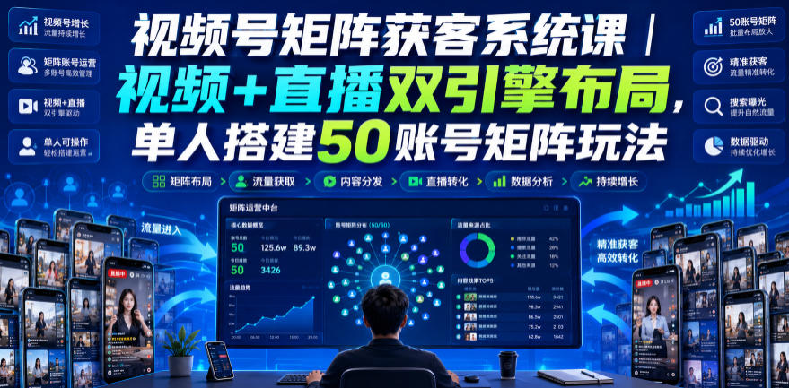 视频号矩阵获客系统课|视频+直播双引擎布局,单人搭建50账号矩阵玩法,流量入池、搜索占位、全域引流沉淀私域全流程教学 20260801130044-6a6dedfc7326a.jpg