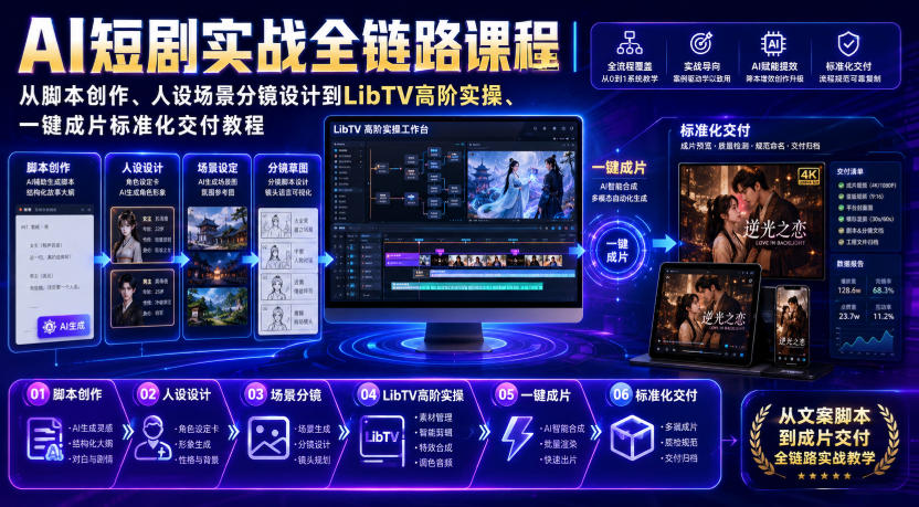 AI短剧实战全链路课程|从脚本创作、人设场景分镜设计到LibTV高阶实操、一键成片标准化交付教程 20260805150027-6a73500b5db9b.jpg