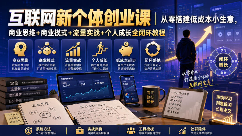 互联网新个体创业课|从零搭建低成本小生意,商业思维+商业模式+流量实战+个人成长全闭环教程 20260806070039-6a7431172eeac.jpg
