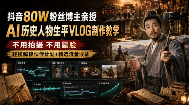 抖音80W粉丝博主的AI历史人物生平VLOG教学,不用拍摄不用露脸,AI帮你搞定,轻松解锁伙伴计划+精选收益 20260806090119-6a744d5f7a8d9.jpg