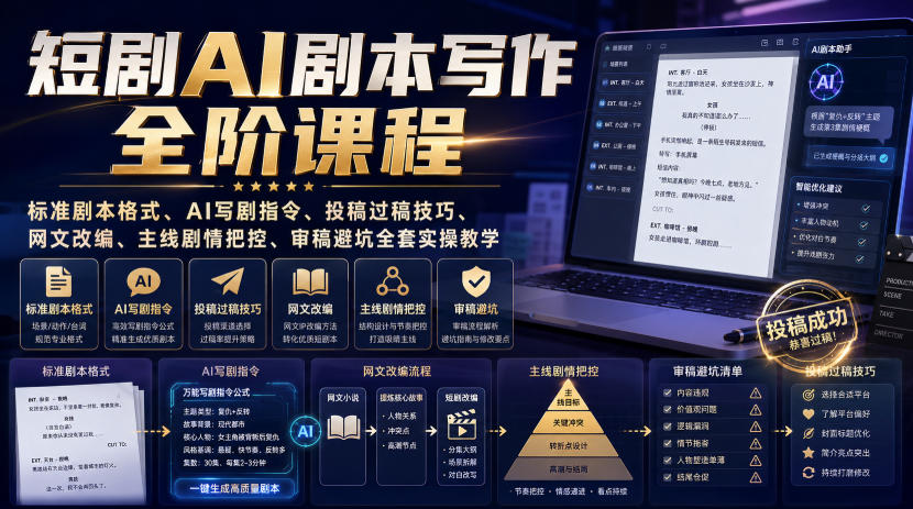 短剧AI剧本写作全阶课程|标准剧本格式、AI写剧指令、投稿过稿技巧、网文改编、主线剧情把控、审稿避坑全套实操教学 20260806110044-6a74695c3de51.jpg