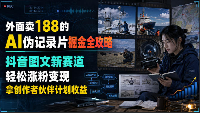 外面卖188的AI伪记录片掘金全攻略,抖音图文新赛道,轻松涨粉变现,拿创作者伙伴计划收益【文档】 20260807070057-6a7582a9b30ac.jpg