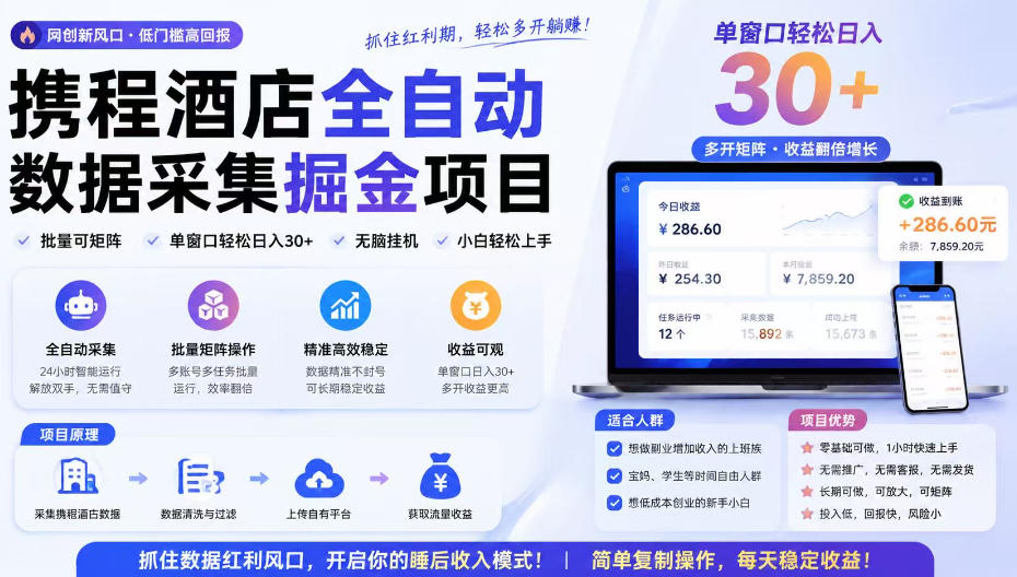 携程酒店采集挂G项目,批量可矩阵,单机轻松日入300+,开启你的睡后收入模式! 20260810070051-6a79772341dcd.jpg