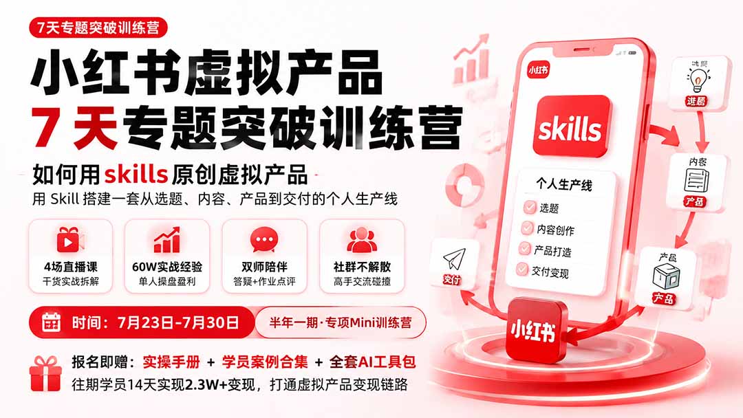 (19817期)小红书虚拟产品7天专题突破训练营,如何用skills原创虚拟产品,用Skil搭建一套从选题、内容、产品到交付的个人生产线 20260810090050-6a7993428da41.jpg