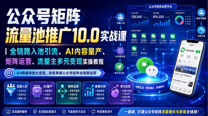 公众号矩阵流量池推广10.0实战课|全链路入池引流、AI内容量产、矩阵运营、流量主多元变现实操教程 20260812030358-6a7be29e7558b.jpg