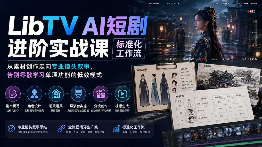 (19836期)LibTV AI短剧进阶实操课标准化工作流;从素材创作走向专业镜头叙事,告别零散学习单项功能的低效模式 20260812050214-6a7bfe56cb4c8.jpg