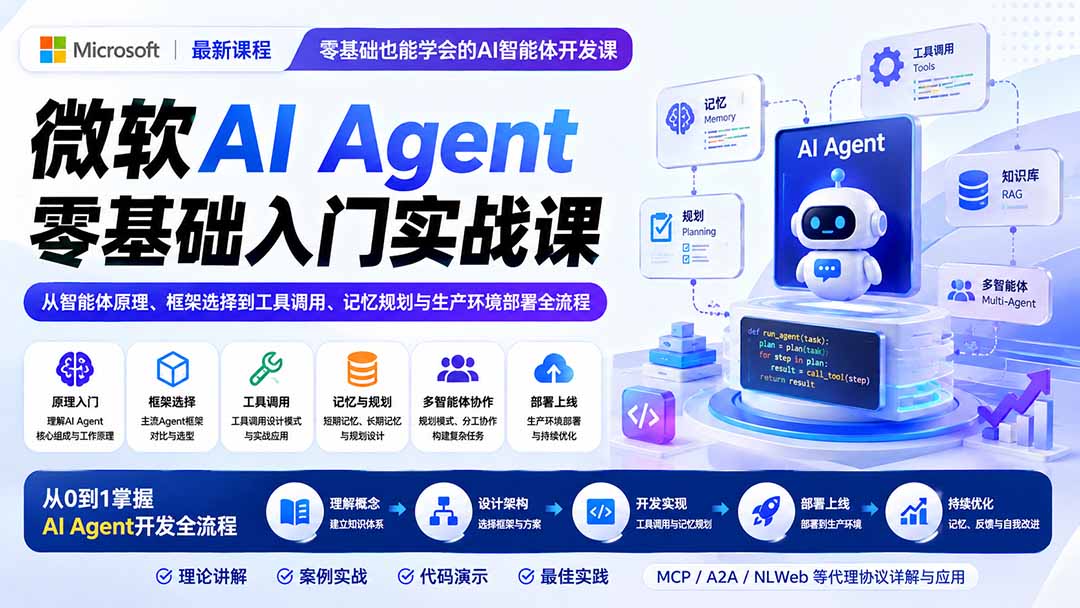 (19977期)微软AI Agent零基础入门实战课:从智能体原理、框架选择到工具调用、记忆规划与生产环境部署全流程 20260820090201-6a86c289c028a.jpg