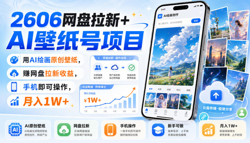 2606网盘拉新+AI壁纸号项目,用AI绘画原创壁纸,賺网盘拉新收益,手机即可操作,月入1W+ 20260821050538-6a87dca22cdb6.jpg