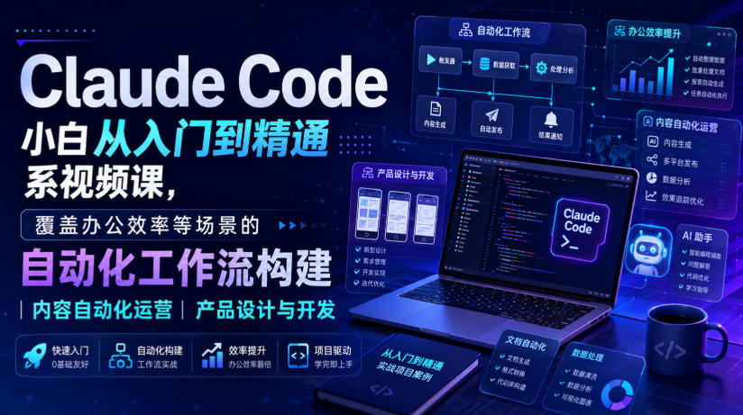 Claude Code小白从入门到精通系视频课,覆盖办公效率等场景的自动化工作流构建|内容自动化运营|产品设计与开发 20260821050541-6a87dca55c39c.jpg