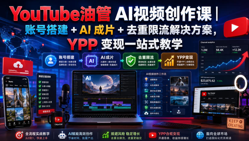 YouTube油管AI视频创作课|账号搭建+AI成片+去重限流解决方案,YPP变现一站式教学(更新0817) 20260821050620-6a87dcccc7aec.jpg
