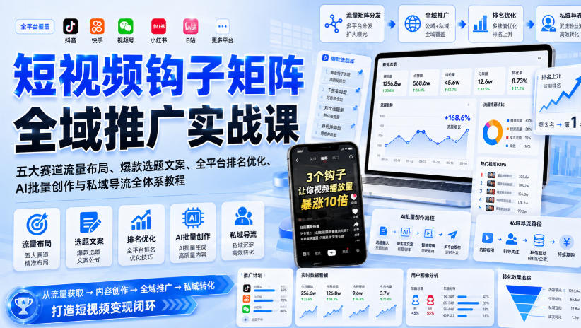 短视频钩子矩阵全域推广实战课|五大赛道流量布局、爆款选题文案、全平台排名优化、AI批量创作与私域导流全体系教程 20260821110114-6a882ffac5b56.jpg