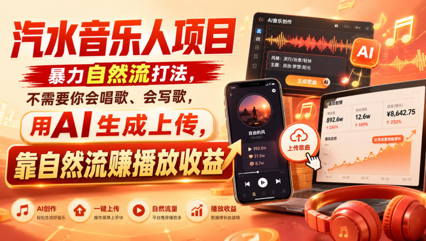 汽水音乐人项目,暴力自然流打法,不需要你会唱歌、会写歌,用AI生成上传,靠自然流賺播放收益 20260822110054-6a89816688649.jpg