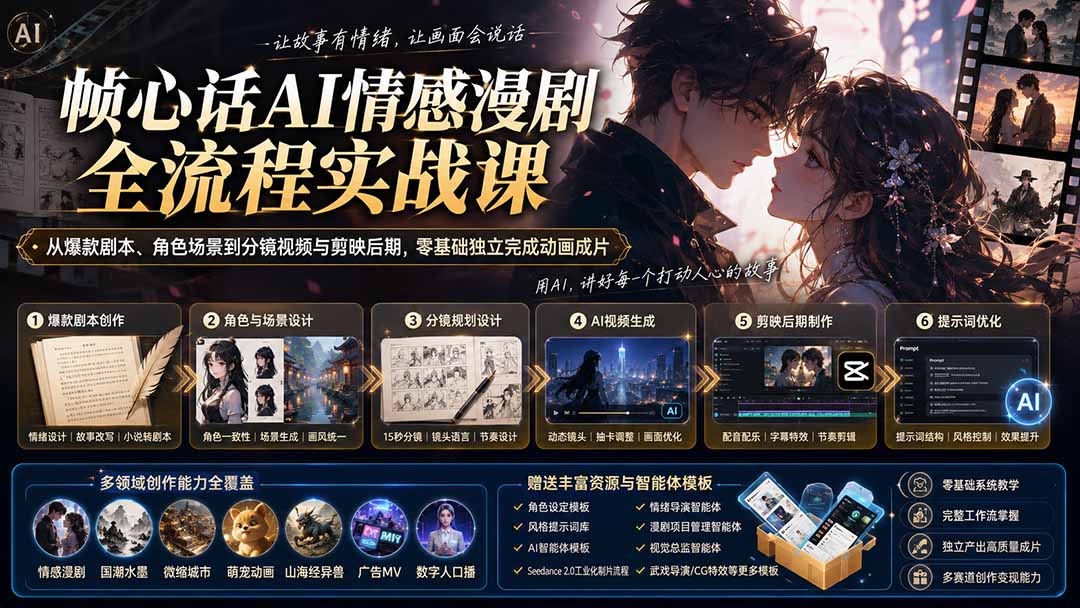 (20036期)帧心话AI情感漫剧全流程实战课:从爆款剧本、角色场景到分镜视频与剪映后期,零基础独立完成动画成片 20260824050116-6a8bd01c67055.jpg