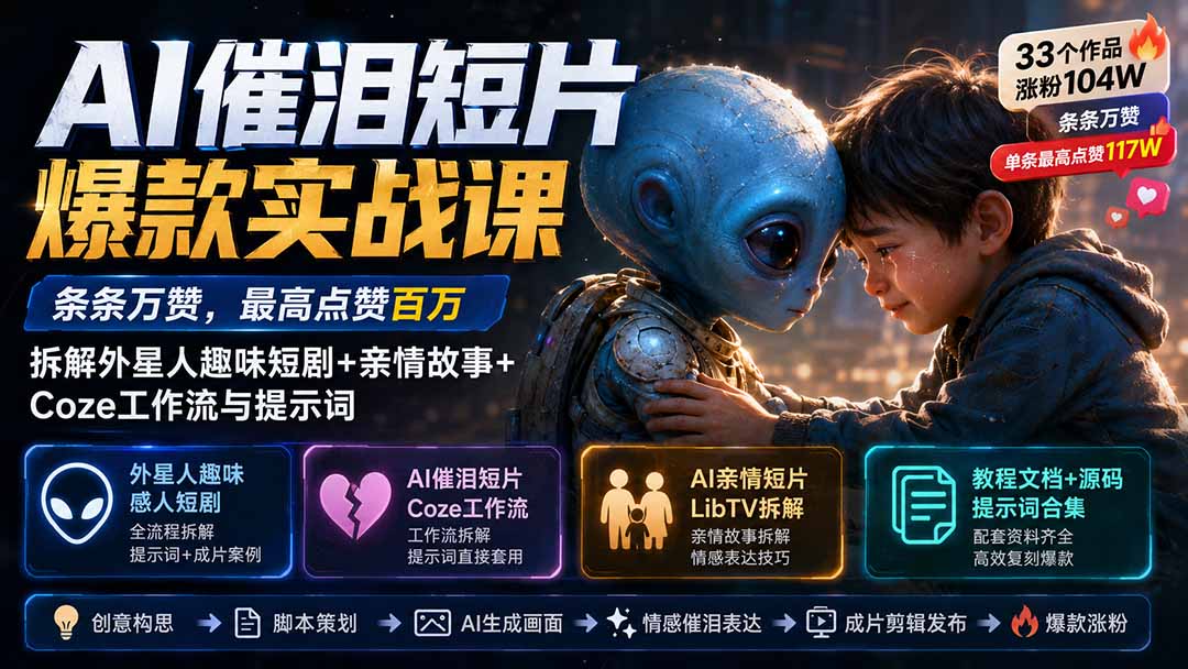 (20038期)AI催泪短片爆款实战课:条条万赞,最高点赞百万,拆解外星人趣味短剧+亲情故事+Coze工作流与提示词 20260824050126-6a8bd026d2a56.jpg