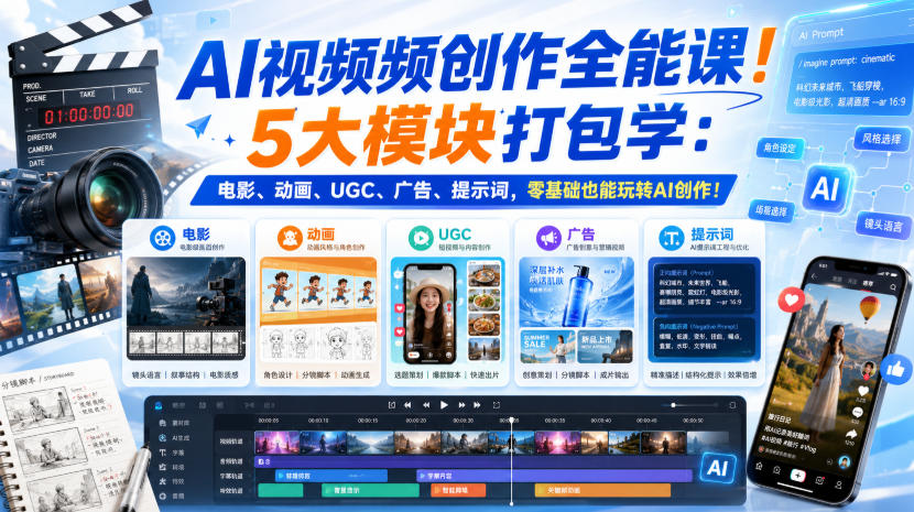 AI视频频创作全能课!5大模块打包学:电影、动画、UGC、广告、提示词,零基础也能玩转AI创作!【原创双语字幕】 20260824110056-6a8c24681c39e.jpg