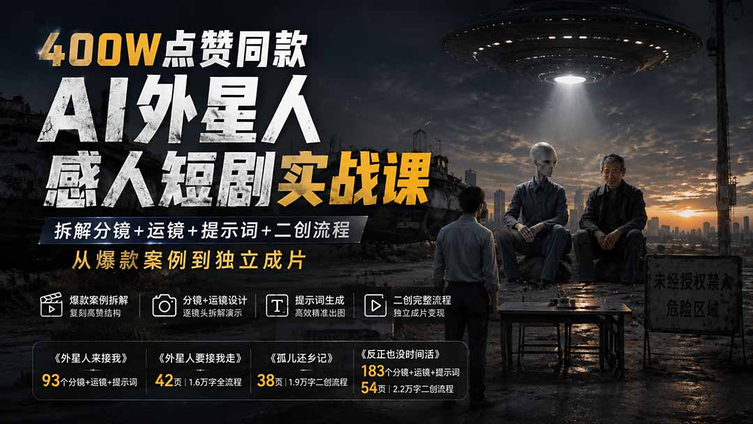 (20052期)400W点赞同款AI外星人感人短剧实战课:拆解分镜+运镜+提示词+二创流程,从爆款案例到独立成片 20260824150130-6a8c5cca8626a.jpg