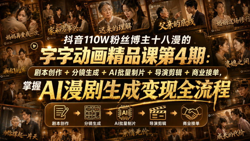 抖音110W粉丝博主十八漫的字字动画精品课第4期:剧本创作+分镜生成+剪辑+商业接单,掌握AI漫剧生成变现全流程 20260827030238-6a8fa8ce31693.jpg