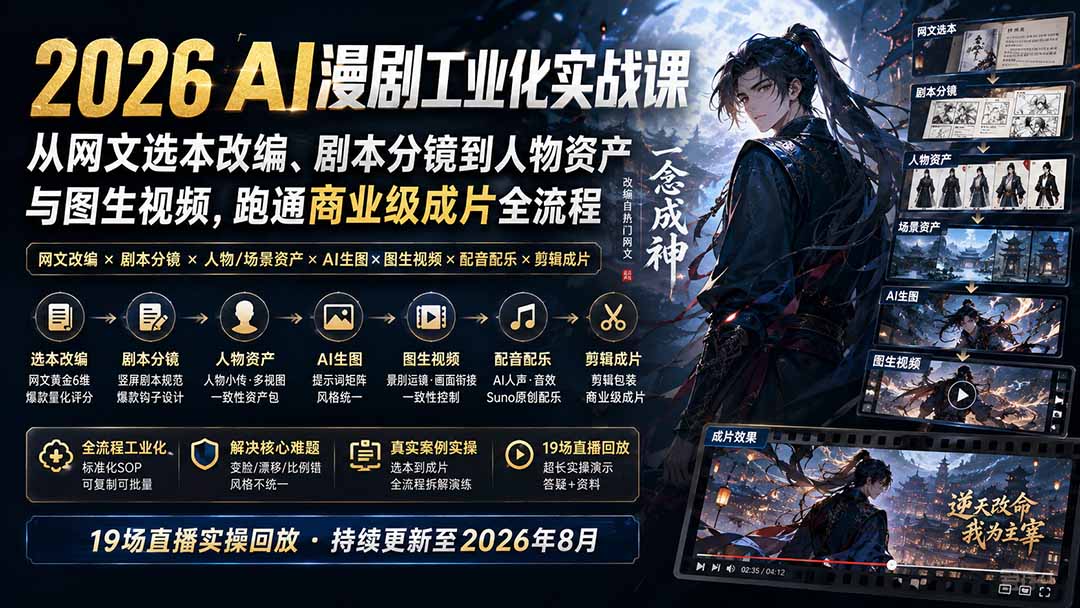 (20068期)2026 AI漫剧工业化实战课-更新:从网文选本改编、剧本分镜到人物资产与图生视频,跑通商业级成片全流程 20260827030246-6a8fa8d6e9ab4.jpg