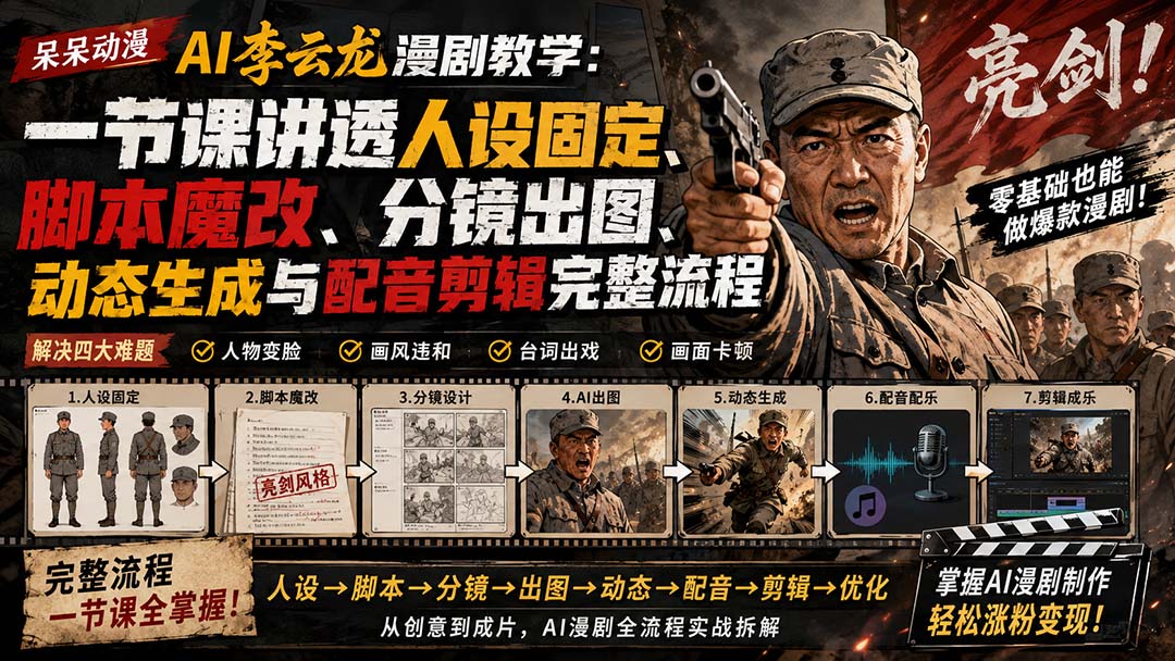 (20107期)呆呆动漫AI李云龙漫剧教学:一节课讲透人设固定、脚本魔改、分镜出图、动态生成与配音剪辑完整流程 20260828070241-6a91329194268.jpg