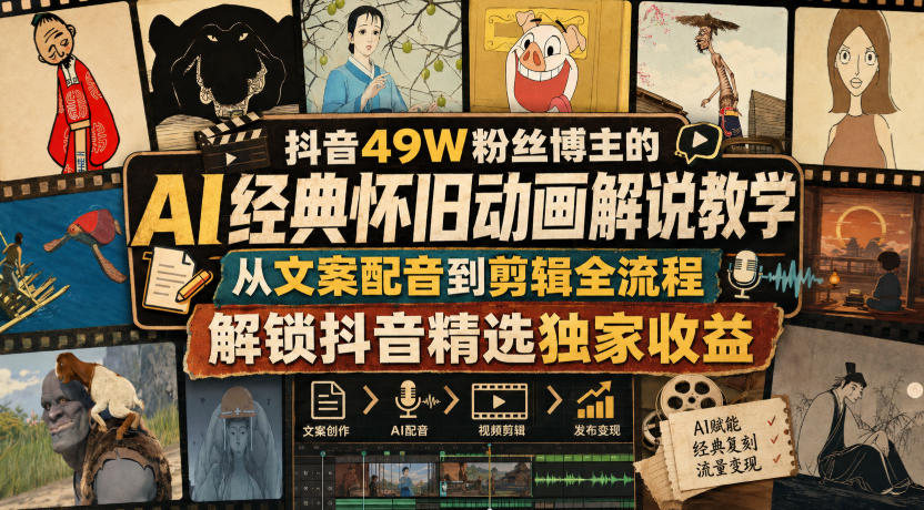 抖音49W粉丝博主的AI经典怀旧动画解说教学,从文案配音到剪辑全流程,解锁抖音精选独家收益 20260829030149-6a924b9d9b8c1.jpg
