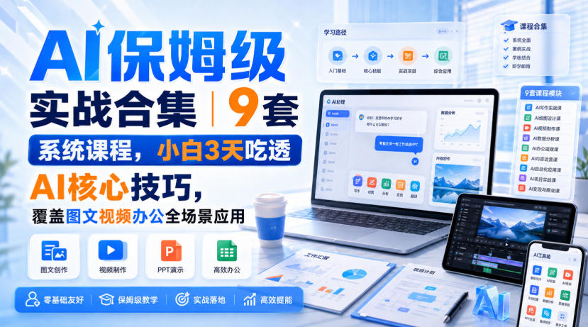 AI保姆级实战合集|9套系统课程,小白3天吃透AI核心技巧,覆盖图文视频办公全场景应用 20260829050049-6a926781e788e.jpg