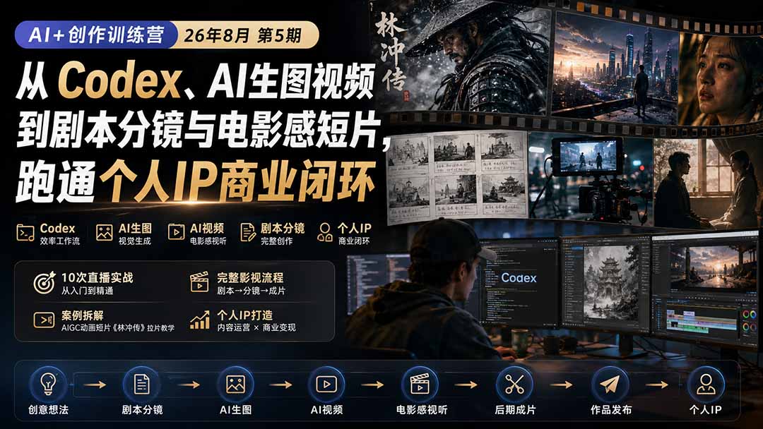 (20145期)AI+创作训练营26年8月第5期:从Codex、AI生图视频到剧本分镜与电影感短片,跑通个人IP商业闭环 20260831050421-6a950b55d804d.jpg