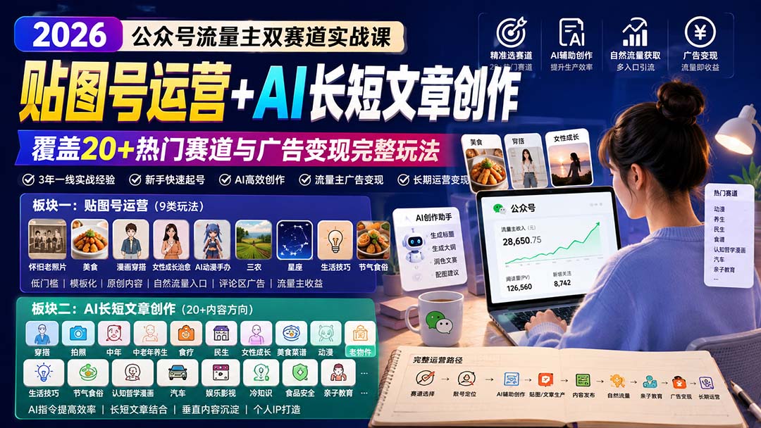 (20153期)公众号流量主双赛道实战课:贴图号运营+AI长短文章创作,覆盖20+热门赛道与广告变现完整玩法 20260831050506-6a950b82be04e.jpg