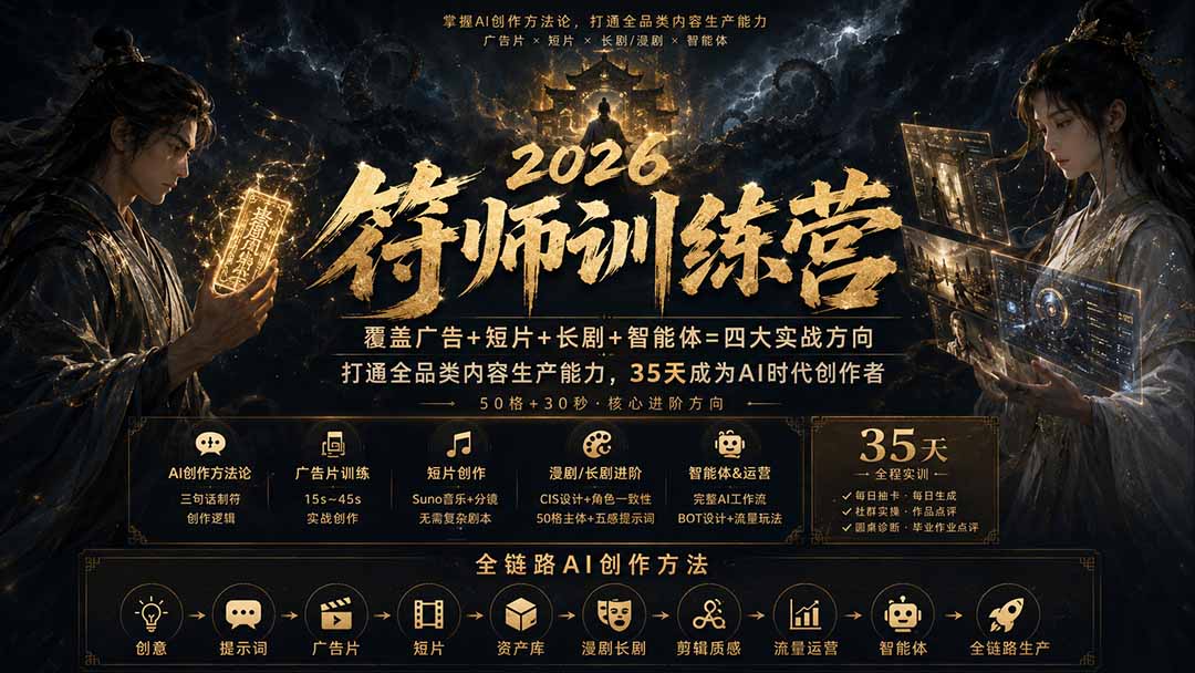 (20186期)符师训练营-35天成为AI时代创作者,广告+短片+漫剧+智能体四大实战方向,掌握从创意到上线的完整工作流 20260901050743-6a965d9f4e281.jpg