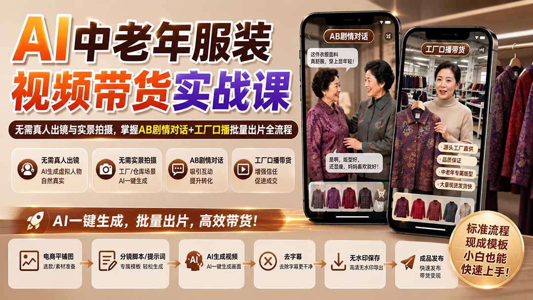 (20198期)AI中老年服装视频带货实战课:无需真人出镜与实景拍摄,掌握AB剧情对话+工厂口播批量出片全流程 20260903030330-6a98e3823e3fb.jpg