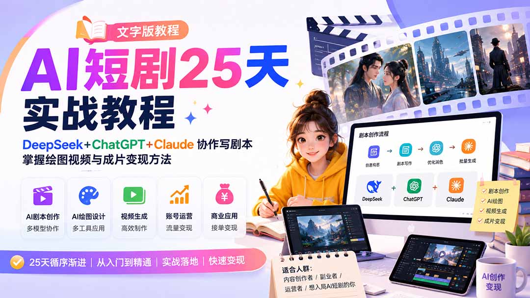 (20225期)AI短剧25天实战教程(文字版教程):DeepSeek+ChatGPT+Claude协作写剧本,掌握绘图视频与成片变现方法 20260904010327-6a9a18df7f14c.jpg