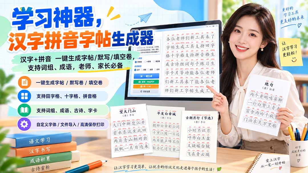 (20299期)学习神器,汉字拼音字帖生成器,汉字+拼音 一键生成字帖/默写/填空卷,支持词组、成语,老师、家长必备 20260907030649-6a9e2a4968ad2.jpg