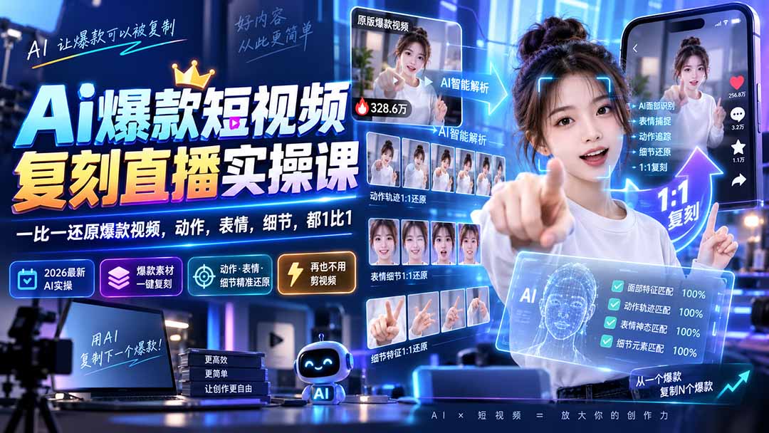 (20304期)最新Ai爆款短视频复刻直播实操课,一比一还原爆款视频,动作,表情,细节,都1比1 20260908030212-6a9f7ab411eb8.jpg
