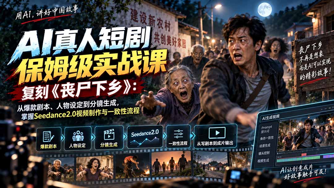 (20360期)AI真人短剧保姆级实战课,复刻《丧尸下乡》:从爆款剧本、人物设定到分镜生成,掌握Seedance2.0视频制作与一致性流程 20260910070709-6aa2571de0eca.jpg