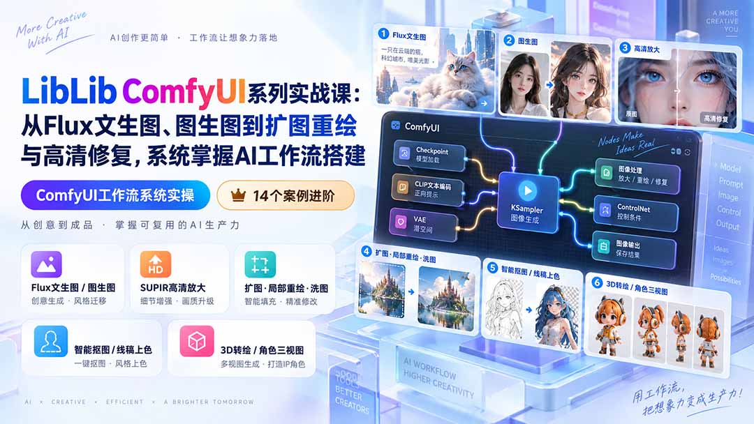 (20368期)LibLib ComfyUI系列实战课:从Flux文生图、图生图到扩图重绘与高清修复,系统掌握AI工作流搭建 20260910070750-6aa257467aa23.jpg