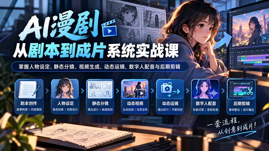 (20375期)AI漫剧从剧本到成片系统实战课:掌握人物设定、静态分镜、视频生成、动态运镜、数字人配音与后期剪辑 20260910130101-6aa2aa0d99e06.jpg