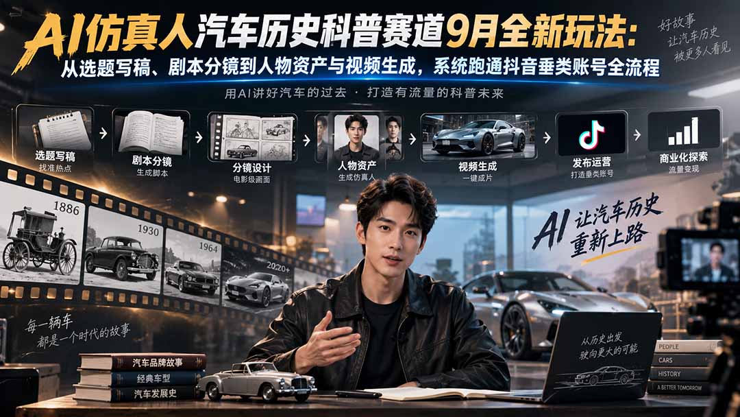 (20413期)AI仿真人汽车历史科普赛道9月全新玩法:从选题写稿、剧本分镜到人物资产与视频生成,系统跑通抖音垂类账号全流程 20260912090108-6aa514d4bb2c1.jpg