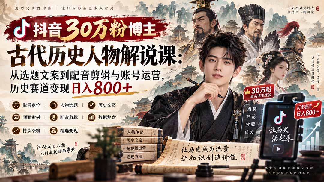 (20441期)抖音30万粉博主古代历史人物解说课:从选题文案到配音剪辑与账号运营,历史赛道变现日入800+ 20260914050104-6aa77f903b6e9.jpg